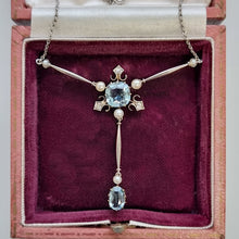 Load image into Gallery viewer, Edwardian Platinum &amp; 18ct Gold Aquamarine, Diamond and Pearl Pendant Necklace in box
