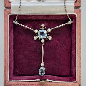 Edwardian Platinum & 18ct Gold Aquamarine, Diamond and Pearl Pendant Necklace in box