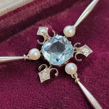 Load image into Gallery viewer, Edwardian Platinum &amp; 18ct Gold Aquamarine, Diamond and Pearl Pendant Necklace detail
