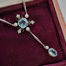 Load image into Gallery viewer, Edwardian Platinum &amp; 18ct Gold Aquamarine, Diamond and Pearl Pendant Necklace in box
