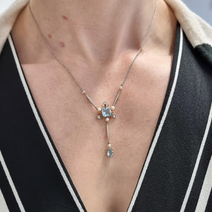 Edwardian Platinum & 18ct Gold Aquamarine, Diamond and Pearl Pendant Necklace modelled