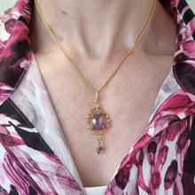 Load image into Gallery viewer, Antique 15ct Gold Amethyst &amp; Pearl Pendant with Chain modelled
