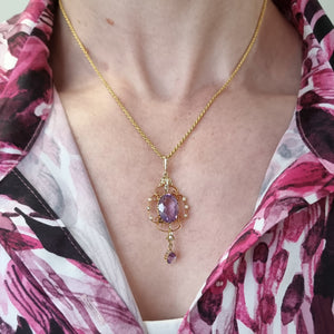 Antique 15ct Gold Amethyst & Pearl Pendant with Chain modelled