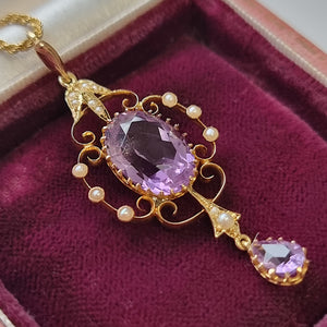 Antique 15ct Gold Amethyst & Pearl Pendant with Chain in box