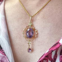 Load image into Gallery viewer, Antique 15ct Gold Amethyst &amp; Pearl Pendant with Chain modelled
