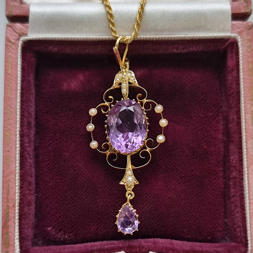 Antique 15ct Gold Amethyst & Pearl Pendant with Chain in box