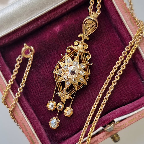 Victorian 15ct Gold Old Cut Diamond Star Drop Pendant with Chain in box