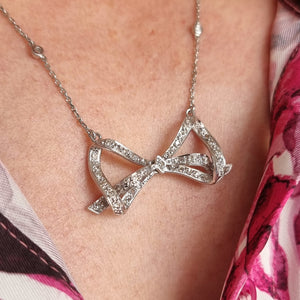 Vintage 18ct White Gold Diamond Bow Necklace modelled