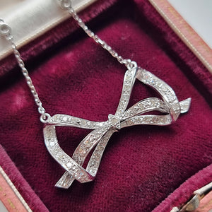 Vintage 18ct White Gold Diamond Bow Necklace in box