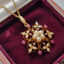 Load image into Gallery viewer, Antique 15ct Gold Ruby, Pearl and Diamond Pendant/Brooch Necklace front
