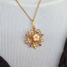 Load image into Gallery viewer, Antique 15ct Gold Ruby, Pearl and Diamond Pendant/Brooch Necklace modelled
