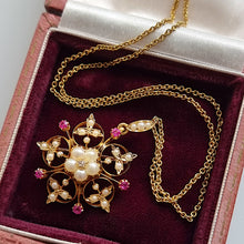 Load image into Gallery viewer, Antique 15ct Gold Ruby, Pearl and Diamond Pendant/Brooch Necklace in box
