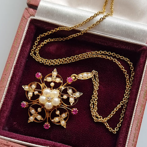 Antique 15ct Gold Ruby, Pearl and Diamond Pendant/Brooch Necklace in box