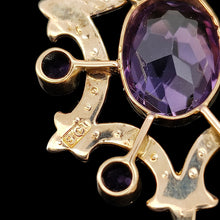 Load image into Gallery viewer, A close-up of a 9CT stamp on a yellow gold amethyst pendant, on a black background
