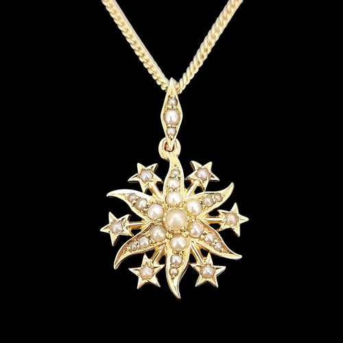 Antique 15ct Gold Pearl Star Pendant with 14ct Gold Curb Chain on a black background