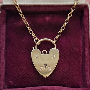 Vintage 9ct Gold Heart Padlock Chain Necklace front