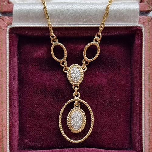 Vintage 9ct Gold Diamond Drop Pendant Necklace front