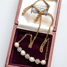 Load image into Gallery viewer, Antique 15ct Gold Pearl and Rose Cut Diamond Pendant Necklace in box
