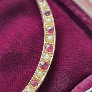 Antique 9ct Gold Ruby and Pearl Crescent Pendant Necklace