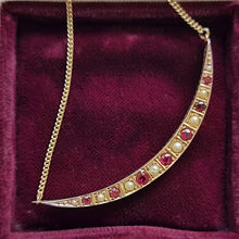 Load image into Gallery viewer, Antique 9ct Gold Ruby and Pearl Crescent Pendant Necklace front
