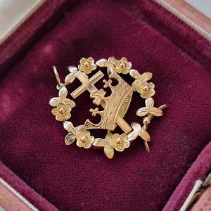 Victorian 9ct Gold Floral Cross and Crown Pendant in box