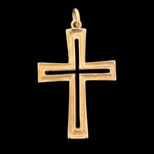 Load image into Gallery viewer, A yellow gold cutout design cross pendant, on a black background
