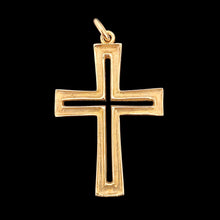 Load image into Gallery viewer, A yellow gold cutout design cross pendant, on a black background

