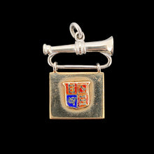 Load image into Gallery viewer, A yellow and white gold flag and bugle charm with an enamel coat of arms
