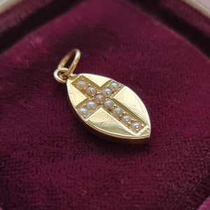 Edwardian 15ct Gold Seed Pearl Cross Pendant in box