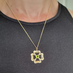 Vintage 9ct Gold Peridot Four Leaf Clover Pendant modelled with chain