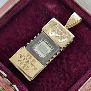 Vintage 9ct Gold "The Mighty Chip" Computer Chip Pendant in box