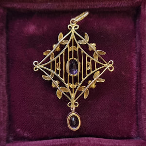 Victorian Art Nouveau 9ct Gold Amethyst Drop Pendant back