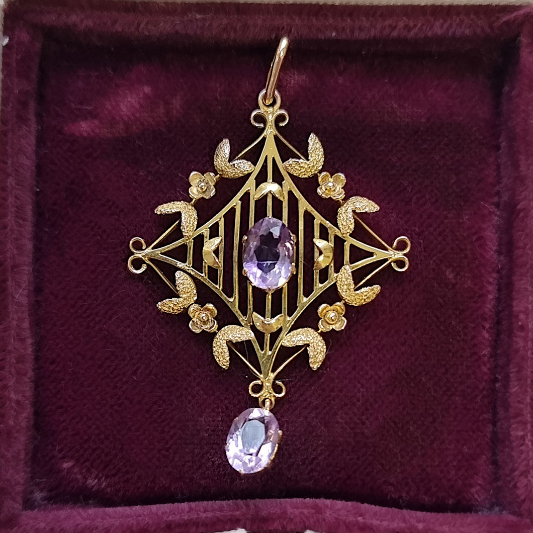 Victorian Art Nouveau 9ct Gold Amethyst Drop Pendant front