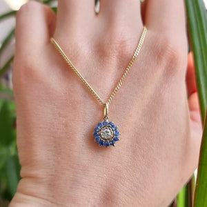 Vintage 18ct Gold Sapphire and Diamond Round Cluster Pendant with chain