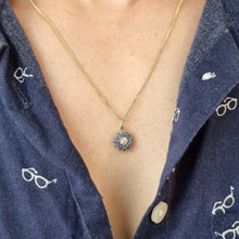 Load image into Gallery viewer, Vintage 18ct Gold Sapphire and Diamond Round Cluster Pendant modelled with chain
