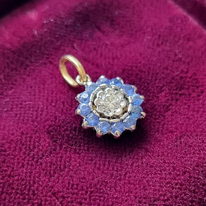 Vintage 18ct Gold Sapphire and Diamond Round Cluster Pendant front