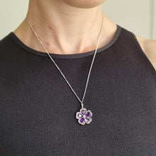 Load image into Gallery viewer, Victorian Gold &amp; Silver Amethyst and Diamond Pansy Flower Pendant modelled with chain
