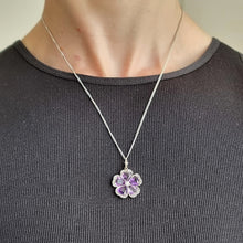 Load image into Gallery viewer, Victorian Gold &amp; Silver Amethyst and Diamond Pansy Flower Pendant modelled with chain
