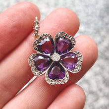 Load image into Gallery viewer, Victorian Gold &amp; Silver Amethyst and Diamond Pansy Flower Pendant in hand
