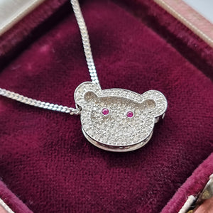 18ct White Gold Diamond and Ruby Teddy Bear Pendant with chain in box