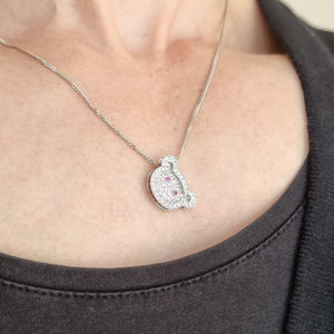 18ct White Gold Diamond and Ruby Teddy Bear Pendant modelled with chain