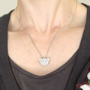 18ct White Gold Diamond and Ruby Teddy Bear Pendant modelled with chain