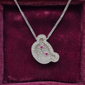 18ct White Gold Diamond and Ruby Teddy Bear Pendant with chain in box