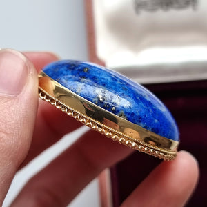 Large Vintage 9ct Gold Lapis Lazuli Pendant in hand