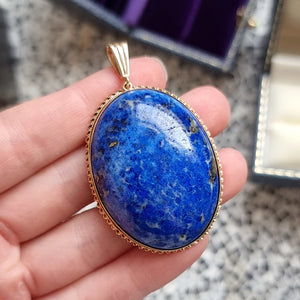 Large Vintage 9ct Gold Lapis Lazuli Pendant in hand