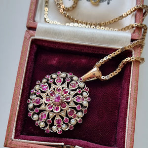 Antique 9ct Gold & Silver Ruby and Pearl Pendant