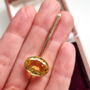 Antique 9ct Rose Gold Citrine Bar Pendant in hand