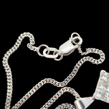 Load image into Gallery viewer, A white gold curb link chain with a lobster clasp, on a black background
