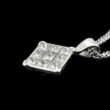 Load image into Gallery viewer, A square shaped diamond cluster pendant in white gold with a curb link chain, on a black background
