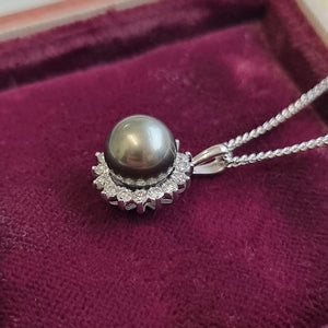 18ct White Gold Black Pearl and Diamond Cluster Pendant side, in box